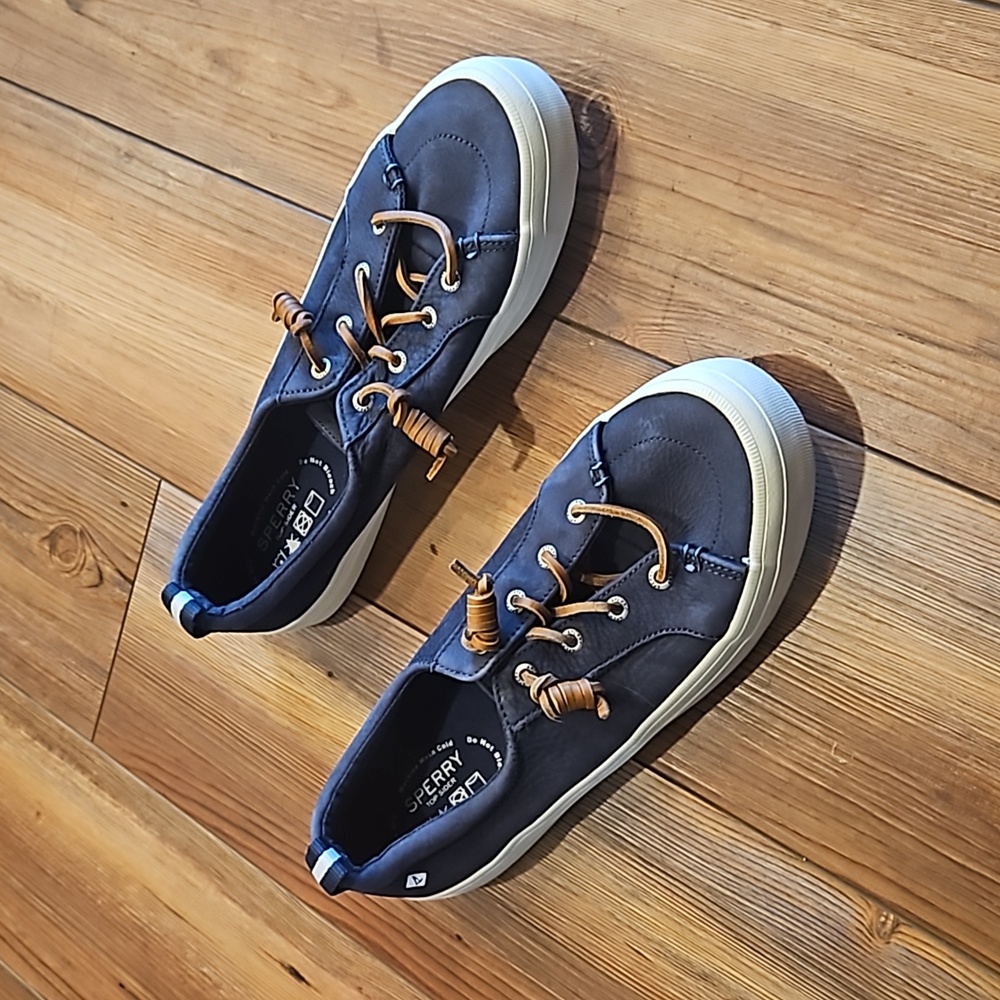 Sperry Navy Blue Leather Sneakers with Tan Laces
